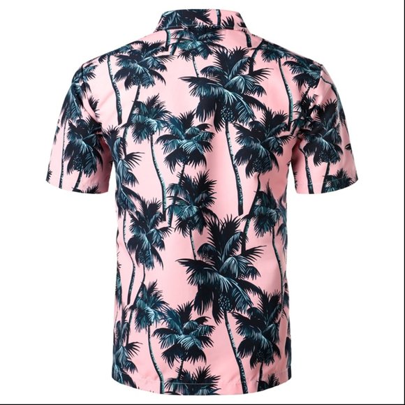 Pink Hawaiian Beach Short Sleeve Shirt Men Summer Fashion - Picture 2 of 2